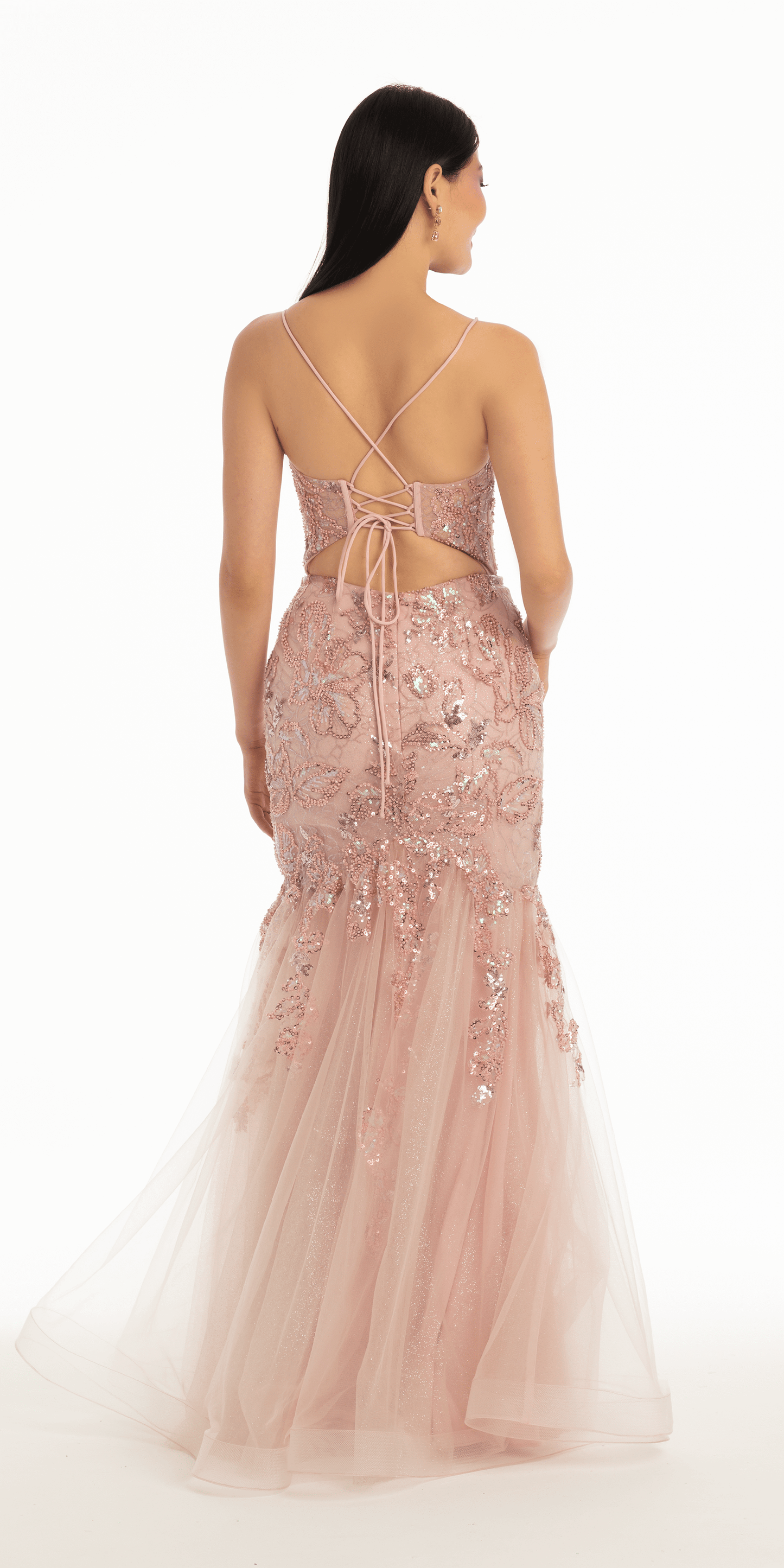 Camille La Vie Plunging Sequin Floral Applique Corset Mermaid Dress