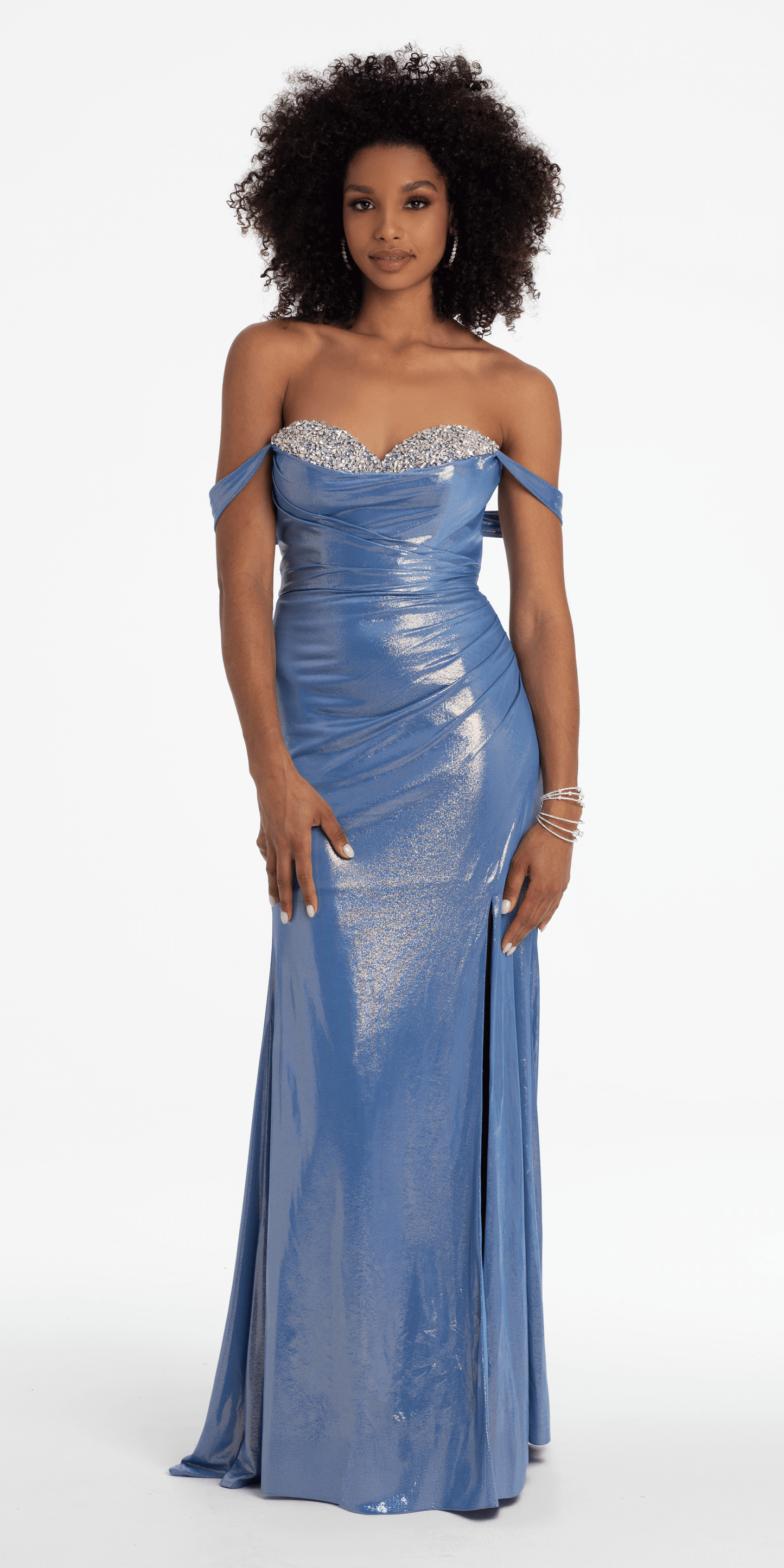 Camille La Vie Foil Jersey Off the Shoulder Column Dress with Beaded Bodice