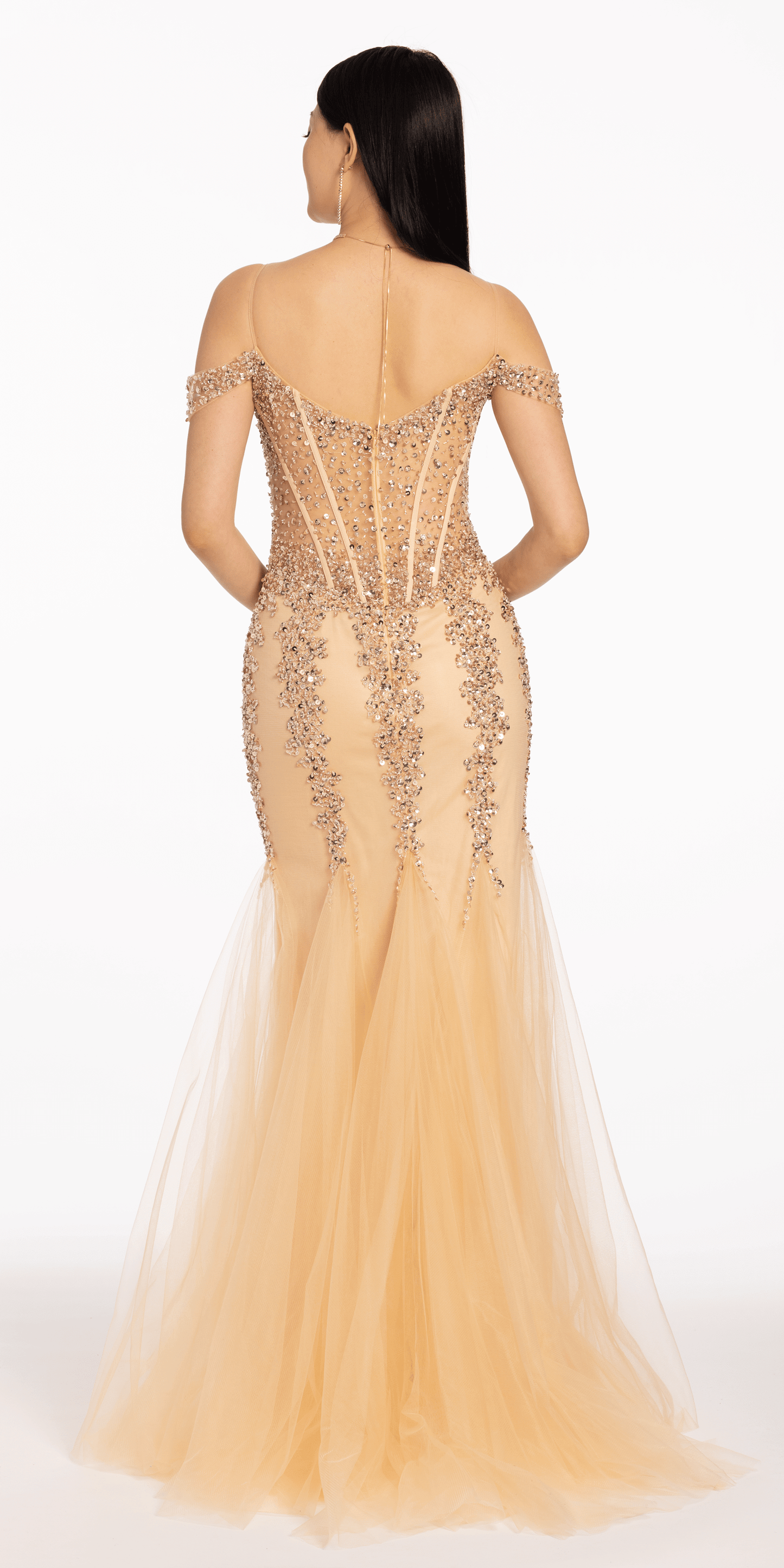 Camille La Vie Illusion Corset Off the Shoulder Godet Dress