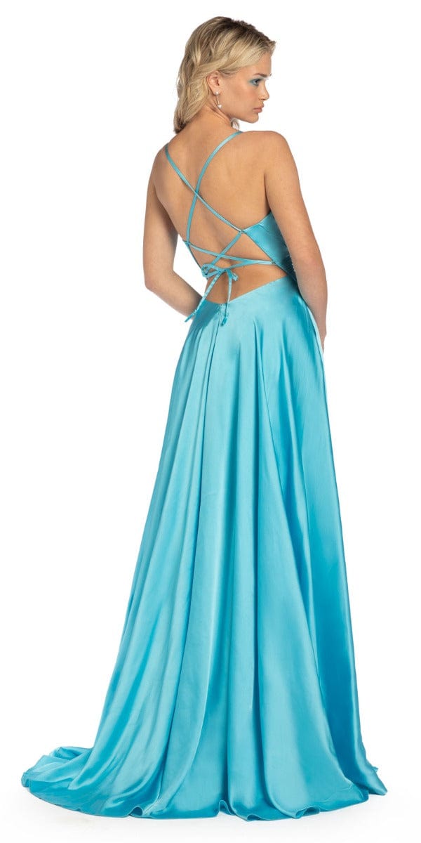 Camille La Vie/ Strappy Back Ruched Satin Plunge Dress/ missy/size/ 0/light turquoise /back