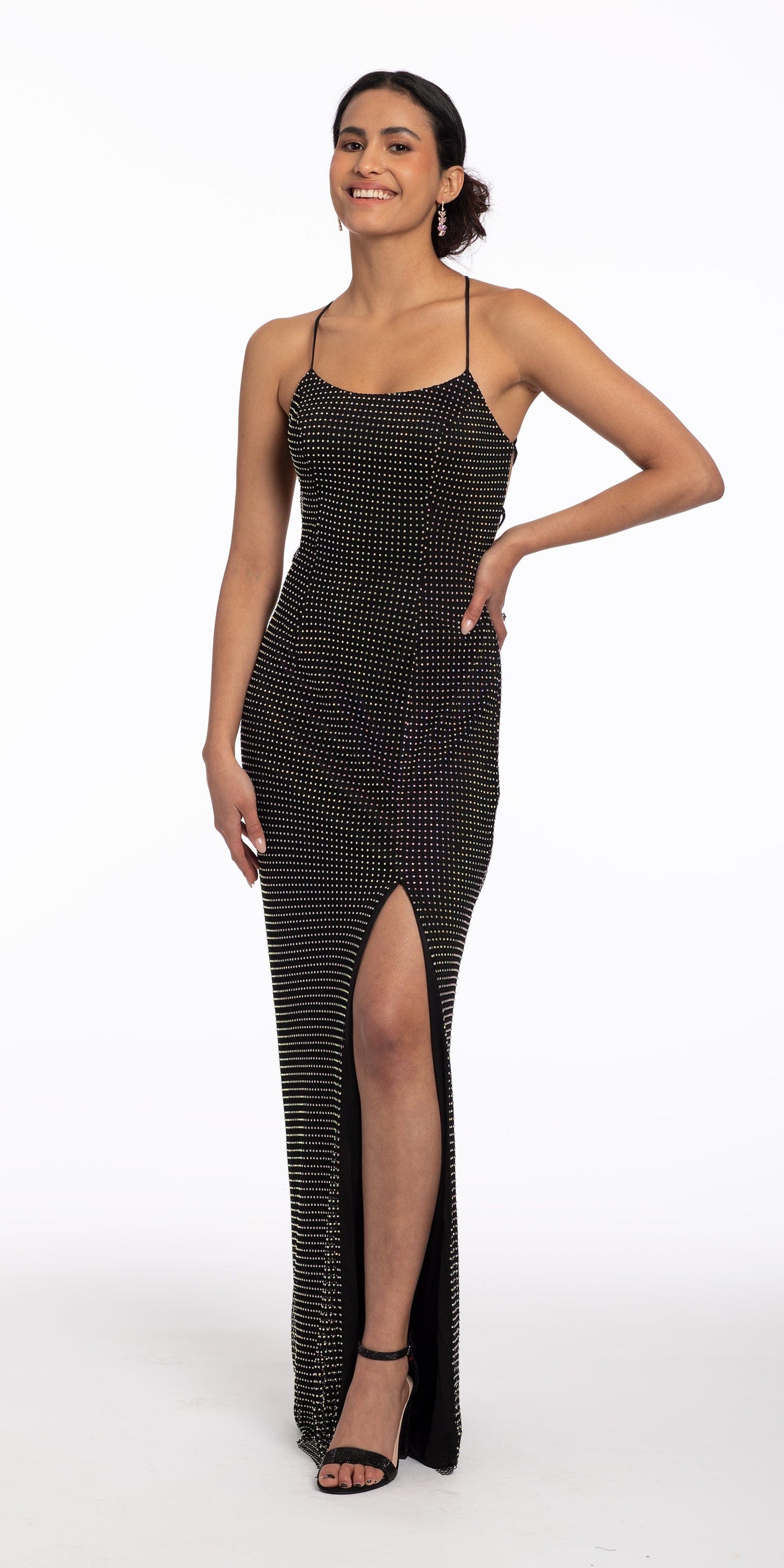 black /Size 00 /missy /Camille La Vie /Stone Netting Lace Up Dress with Side Slit/front