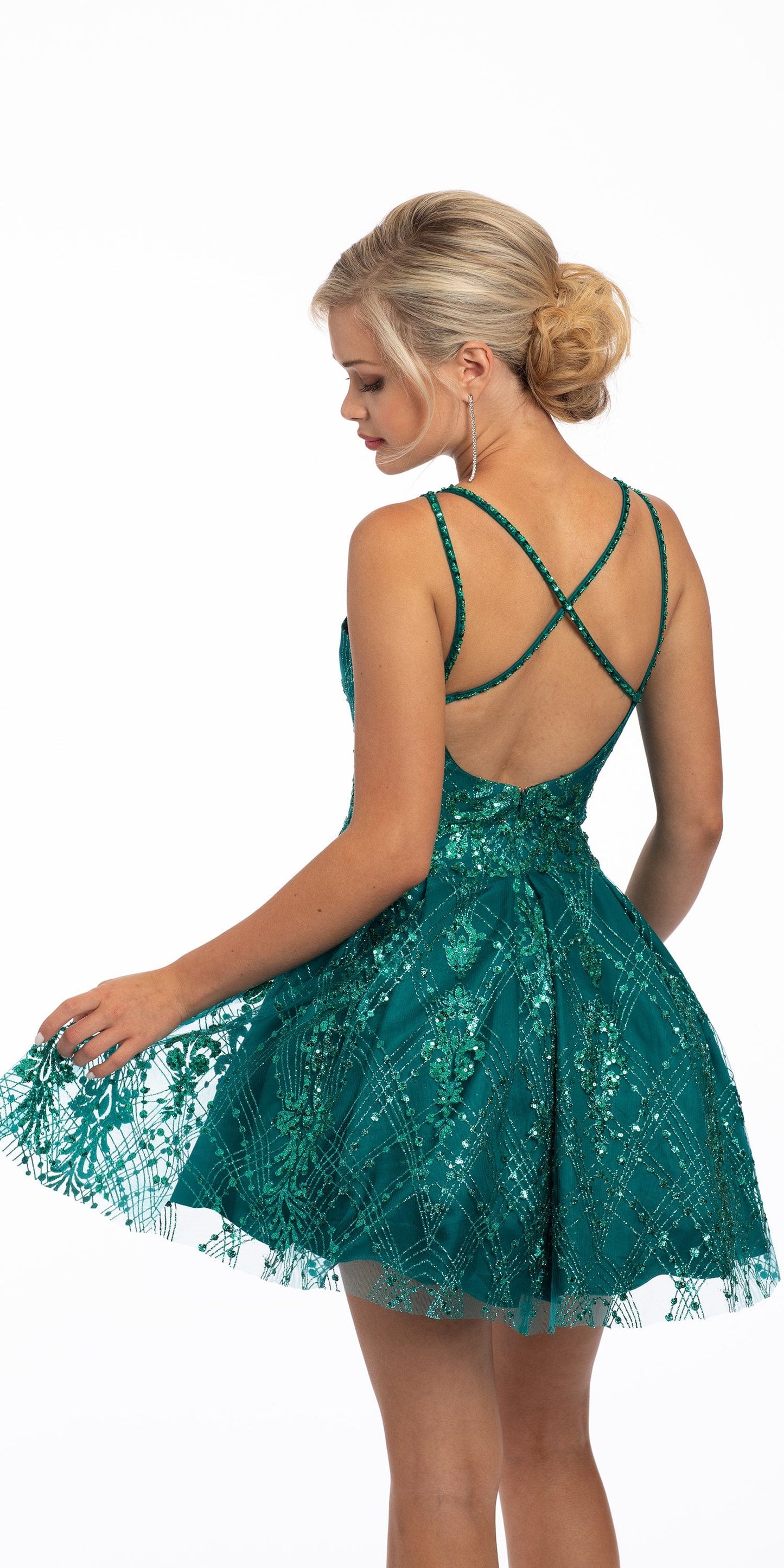 emerald/ Size 0/ missy/ Camille La Vie/ Sequin Glitter Criss Cross Fit and Flare Dress/back