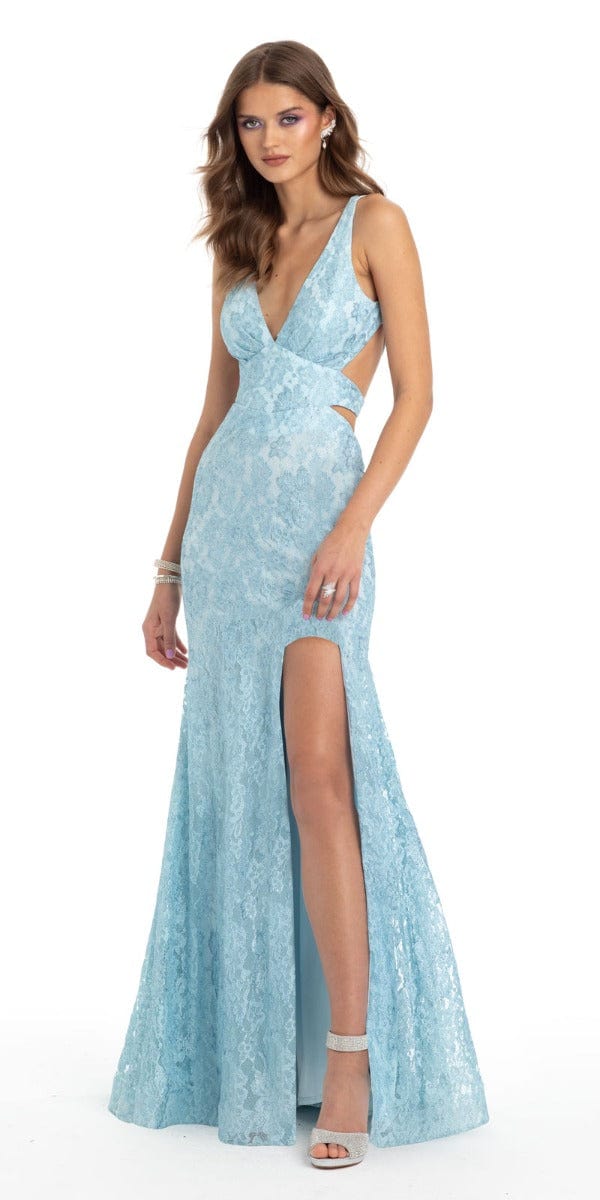 Plunging Lace Applique Taffeta Mermaid Dress – Camille La Vie
