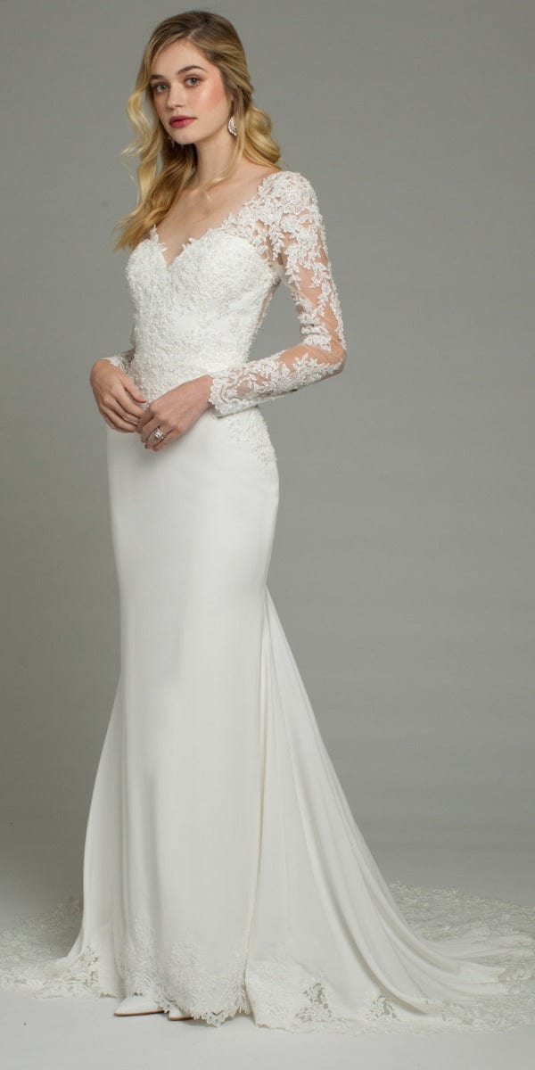Long Sleeve Applique Crepe Button Back Lace Dress Image 3