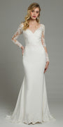 Long Sleeve Applique Crepe Button Back Lace Dress Image 4