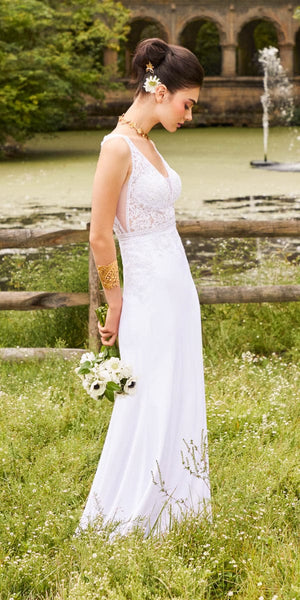 Crepe V-Neck Beaded Lace Gown Image 1