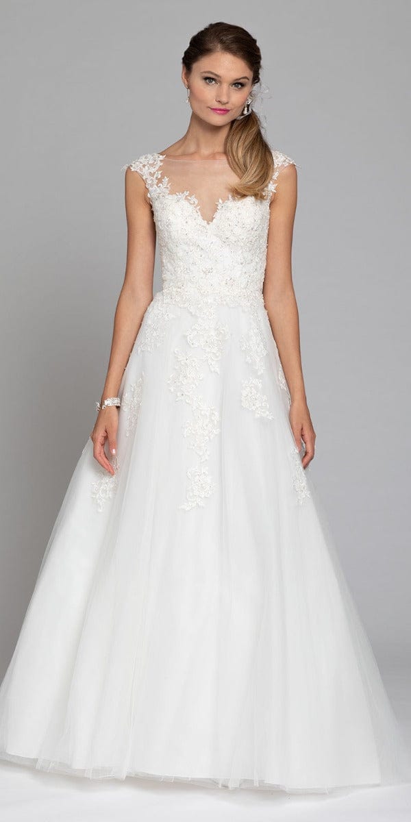 Cap Sleeve Beaded Lace Ball Gown with Illusion Neck – Camille La Vie