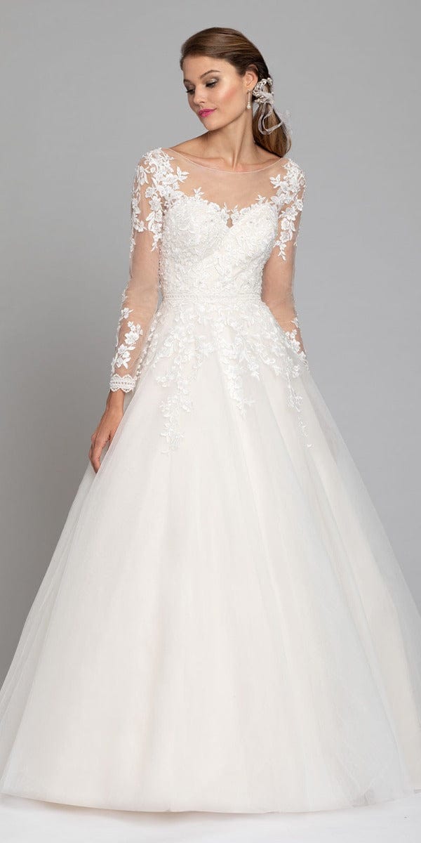 ivory/ Size 6/ missy/ Camille La Vie/ Long Sleeve Illusion Embroidered Tulle Ballgown/front
