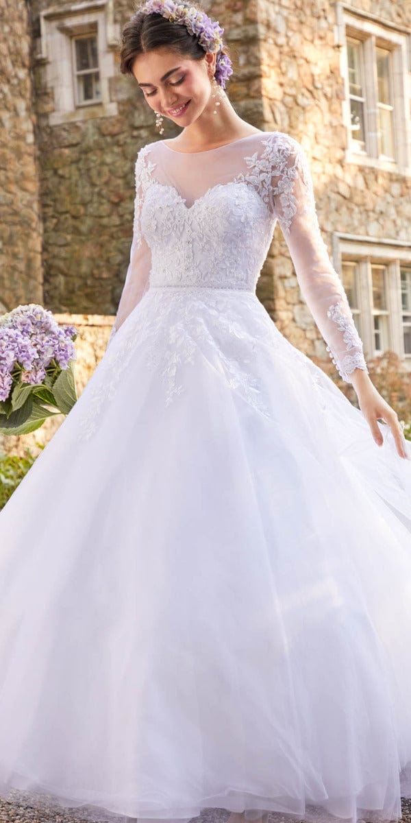 Long Sleeve Ball Gown Wedding Dress with Embellished Illusion Sleeves and  Tulle Skirt