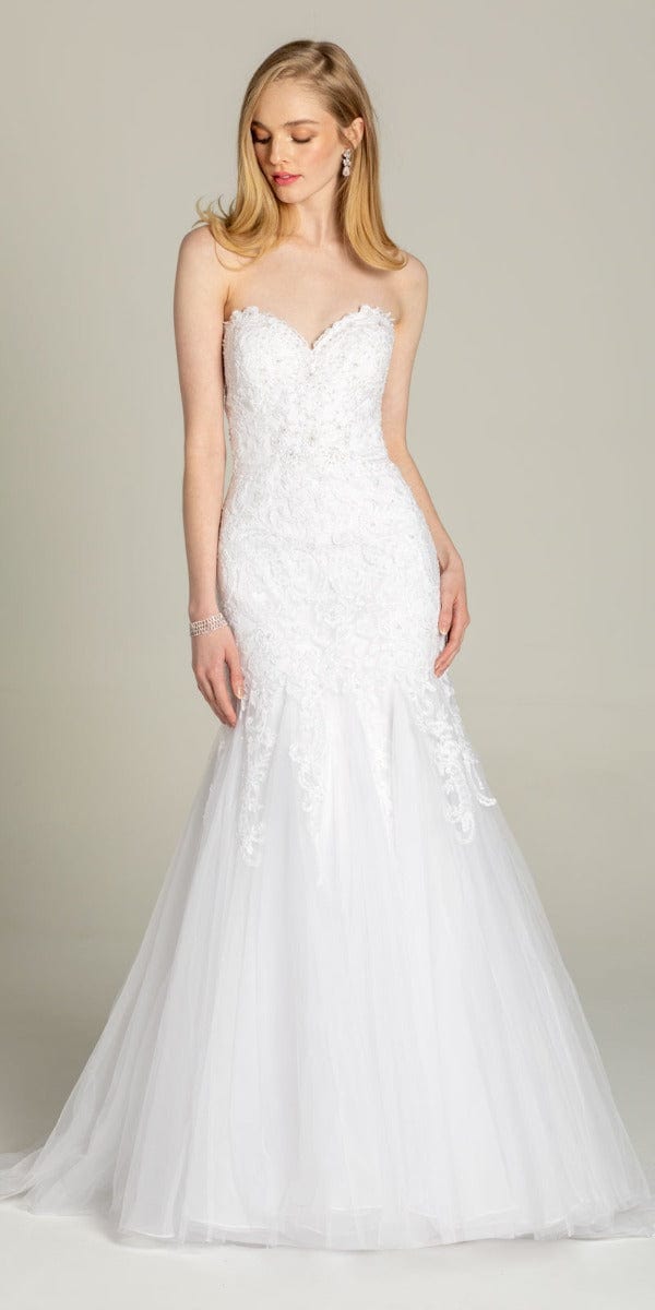 white/ Size 12/ missy/ Camille La Vie /Sweetheart Embroidered Trumpet Dress with Tulle Godets/front