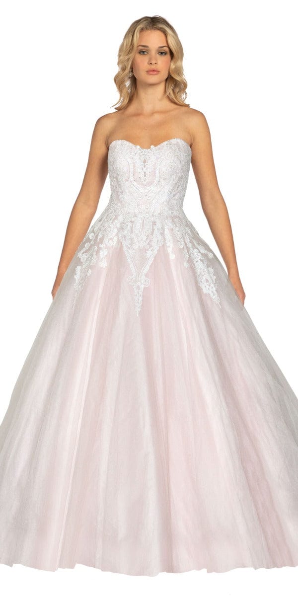 ivory-pink /Size 2/ missy/ Camille La Vie/ Embellished Embroidered Strapless Tulle Ballgown/front