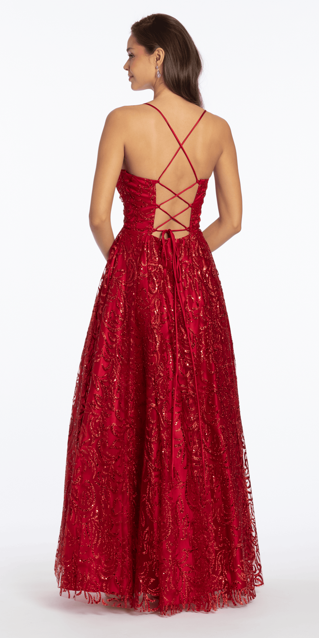 red/ size/4/ missy/Camille La Vie/Strappy Back Pinched Sweetheart Glitter Mesh Ballgown with Pockets /back