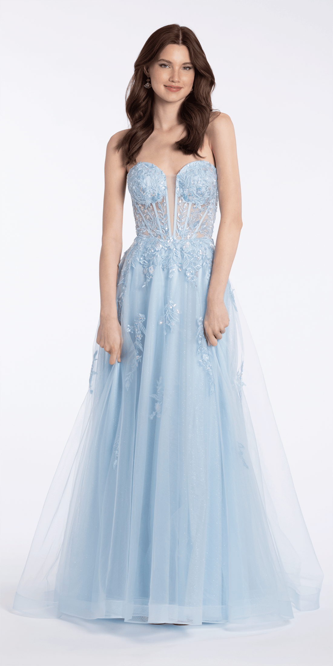 Camille La Vie Sequin Applique Corset Plunge Tulle Ballgown