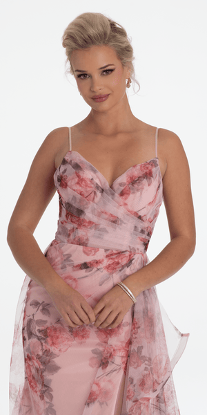 Floral Print Mesh Sweetheart A Line Dress with Side Slit Image 3