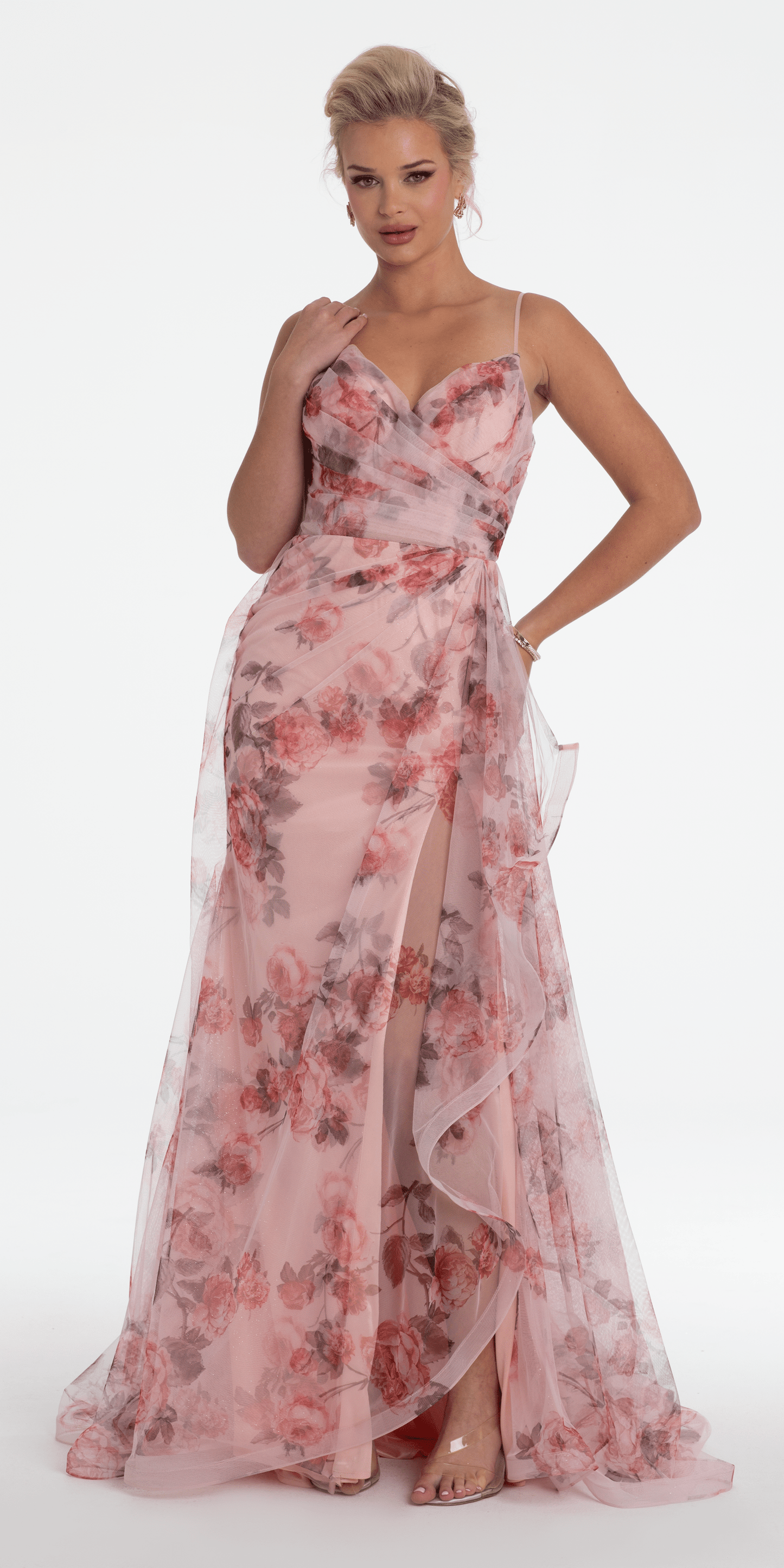 Camille La Vie Floral Print Mesh Sweetheart A Line Dress with Side Slit missy / 2 / blush