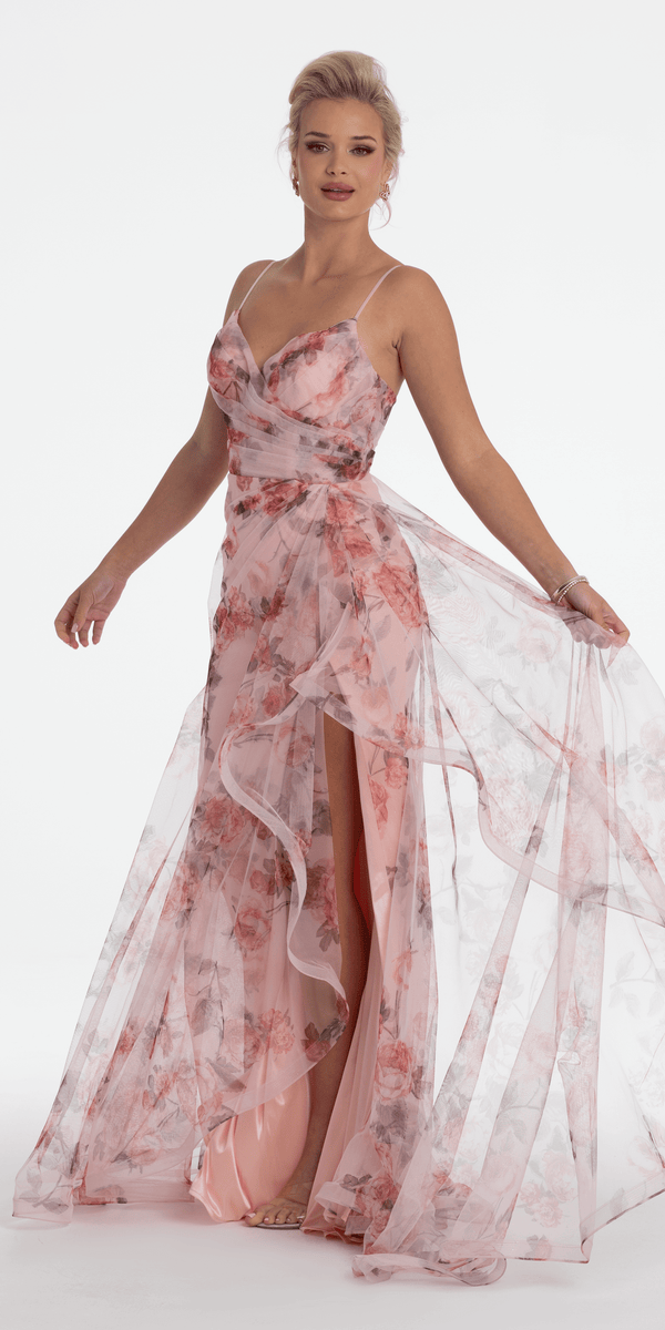 Floral Print Mesh Sweetheart A Line Dress with Side Slit Camille La Vie Floral Print Mesh Sweetheart A Line Dress with Side Slit Camille La Vie