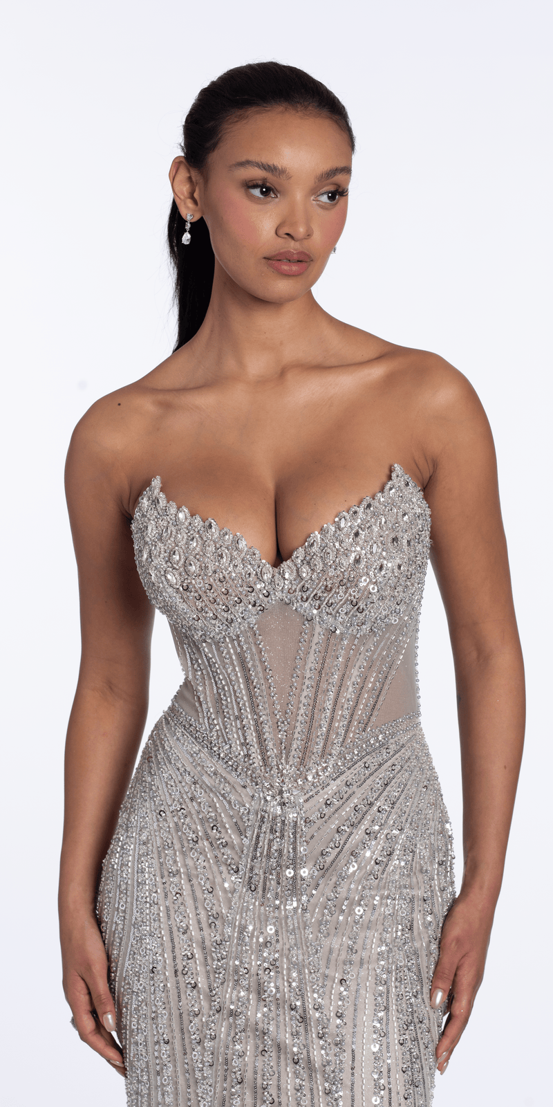white christmas dresses Corset-Bodice Strapless Long Beaded Prom Dress– PromGirl main image 0