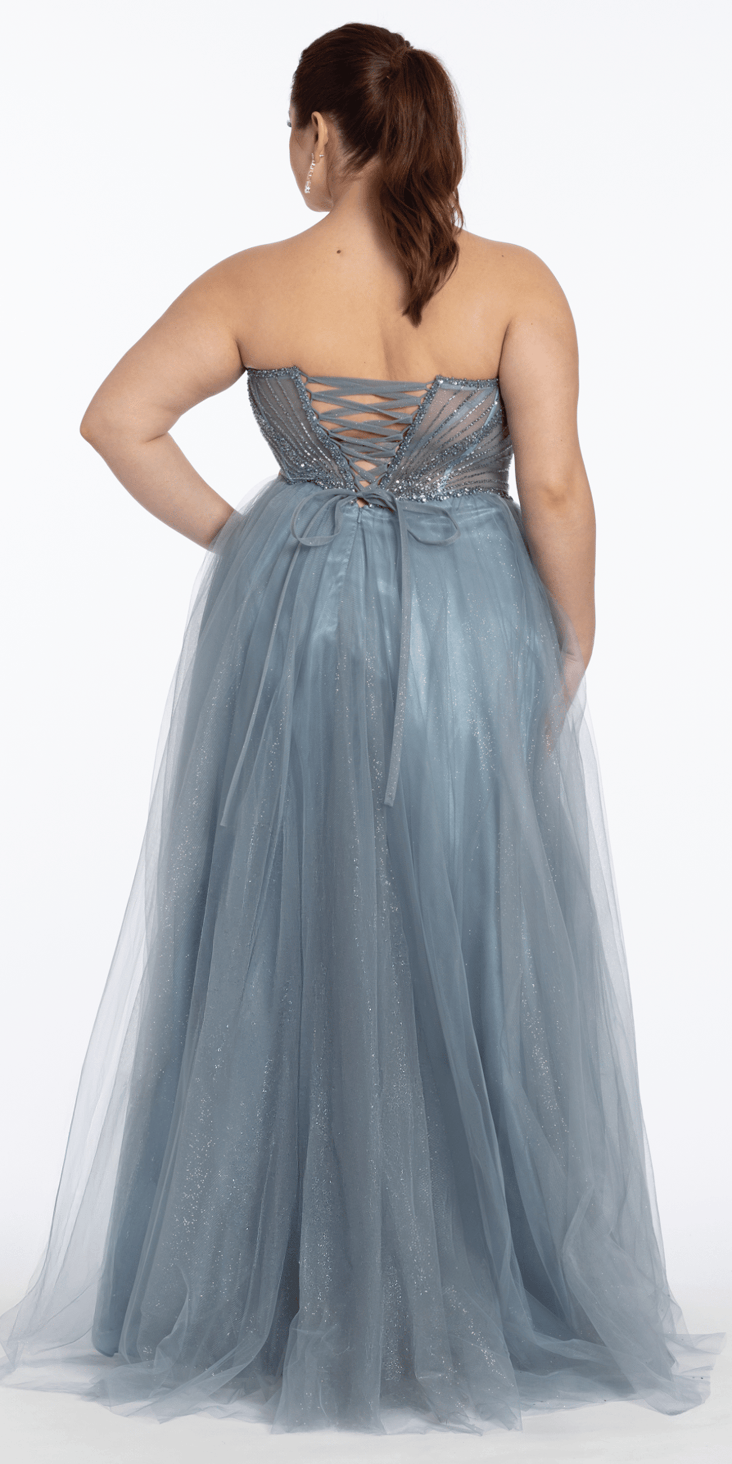 dusty-blue/size14/ plus/Camille La Vie /Strapless Beaded Corset Glitter Tulle Ballgown/back