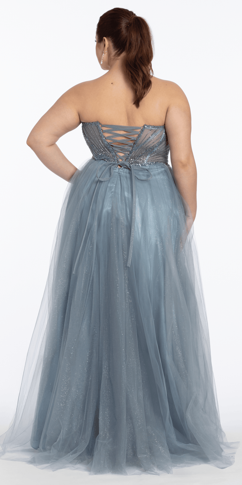 dusty-blue/size14/ plus/Camille La Vie /Strapless Beaded Corset Glitter Tulle Ballgown/back