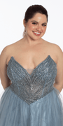dusty-blue/size14/ plus/Camille La Vie /Strapless Beaded Corset Glitter Tulle Ballgown/close up