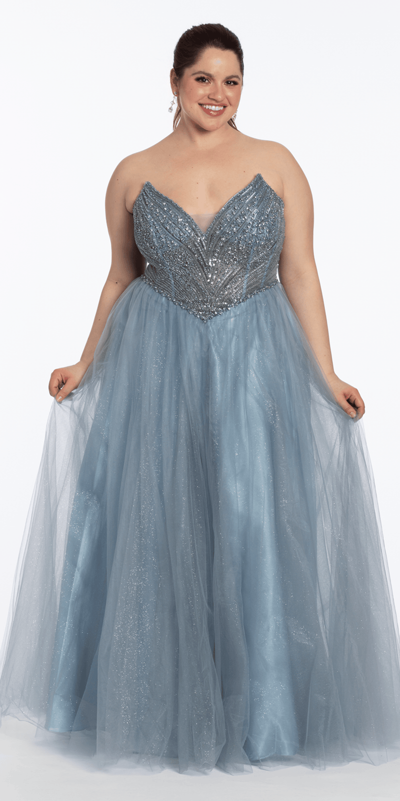 dusty-blue/size14/ plus/Camille La Vie /Strapless Beaded Corset Glitter Tulle Ballgown/front