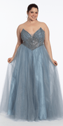 dusty-blue/size14/ plus/Camille La Vie /Strapless Beaded Corset Glitter Tulle Ballgown/front