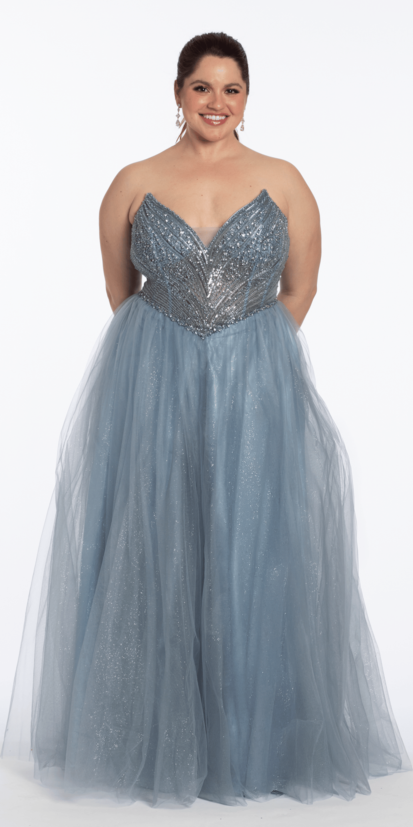 dusty-blue/size14/ plus/Camille La Vie /Strapless Beaded Corset Glitter Tulle Ballgown/front alt
