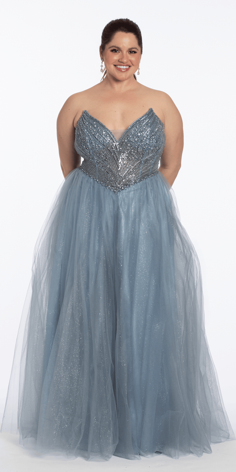 dusty-blue/size14/ plus/Camille La Vie /Strapless Beaded Corset Glitter Tulle Ballgown/front alt