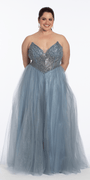 dusty-blue/size14/ plus/Camille La Vie /Strapless Beaded Corset Glitter Tulle Ballgown/front alt