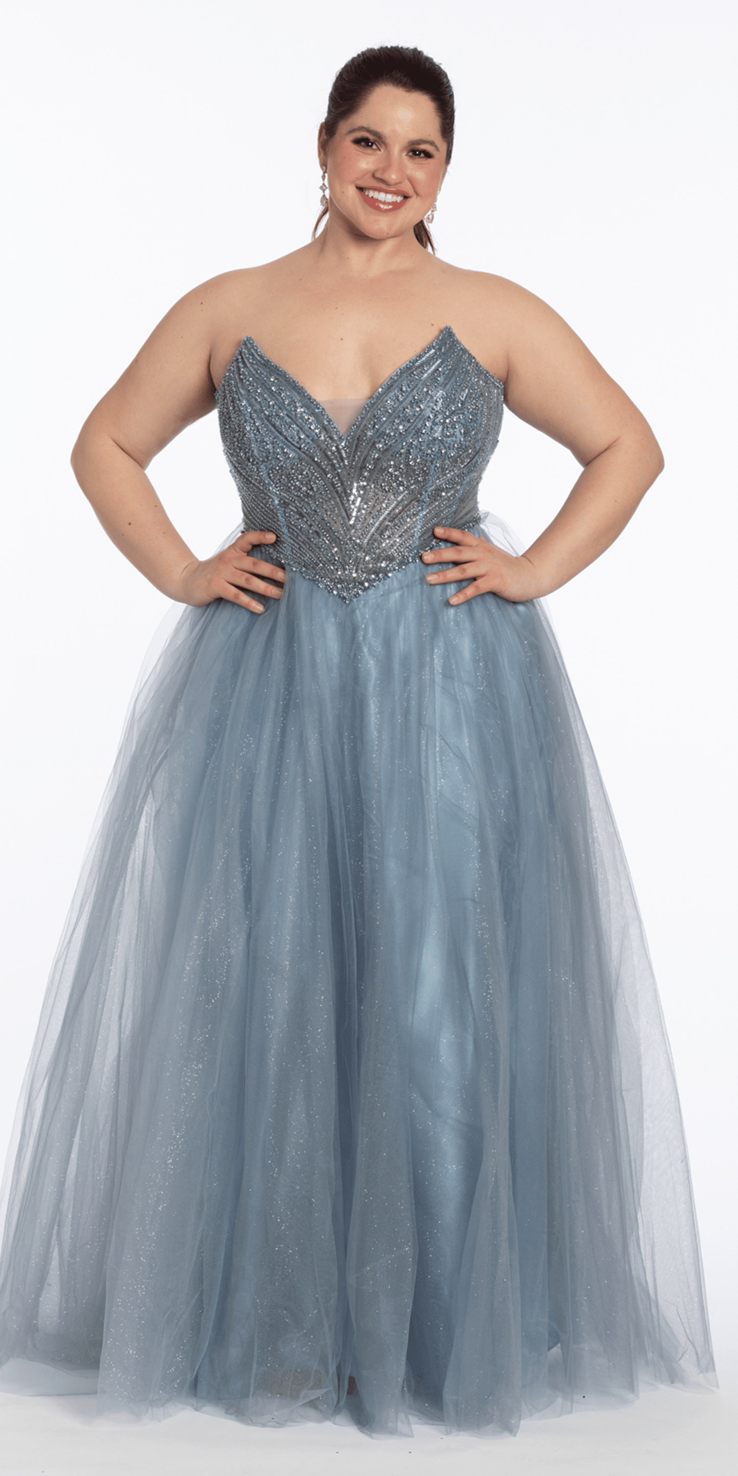 dusty-blue/size14/ plus/Camille La Vie /Strapless Beaded Corset Glitter Tulle Ballgown/front alt