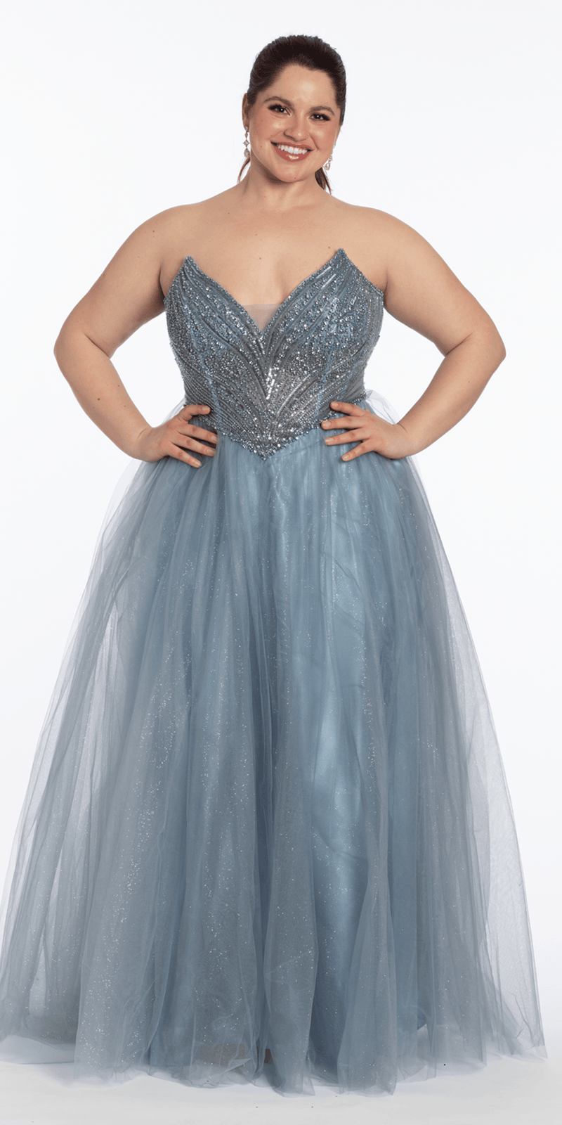 dusty-blue/size14/ plus/Camille La Vie /Strapless Beaded Corset Glitter Tulle Ballgown/front alt