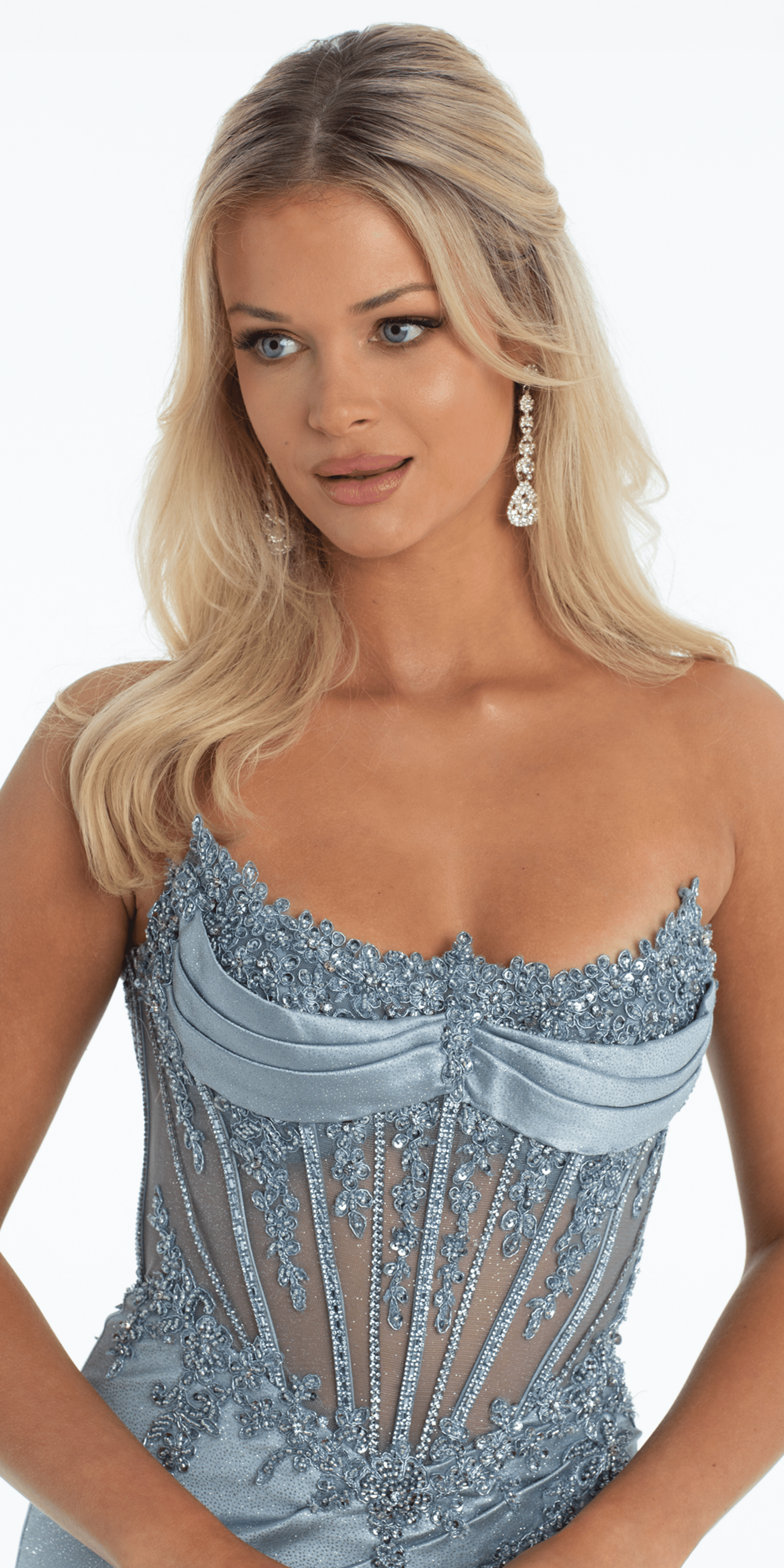 dusty-blue/ size/0/missy/Camille La Vie /Pointed Embroidered Strapless Satin Corset Column Dress/close up