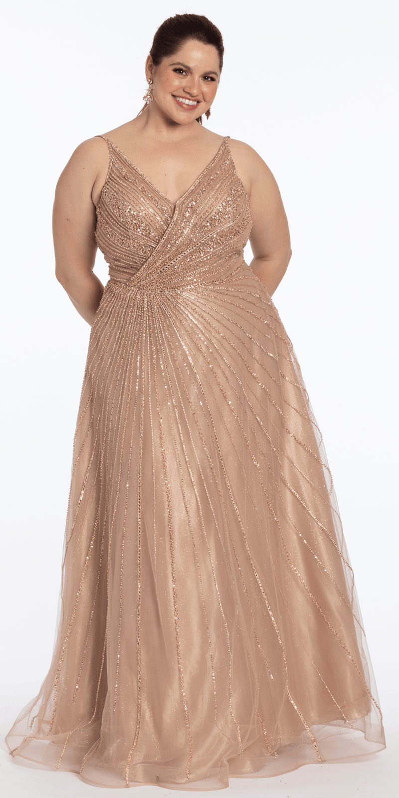 mocha/size/14/plus/Camille La Vie/ Deep V Mesh Linear Beaded A-Line Dress/front alt 1