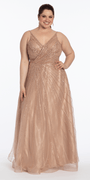 Camille La Vie Deep V Mesh Linear Beaded A-Line Dress