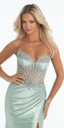 sage/size/4/missy/Camille La Vie/Strapless Rhinestone Stretch Satin Corset Column Dress/close up
