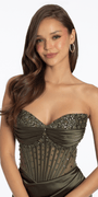 Strapless Satin Embellished Corset Column Dress Image 4
