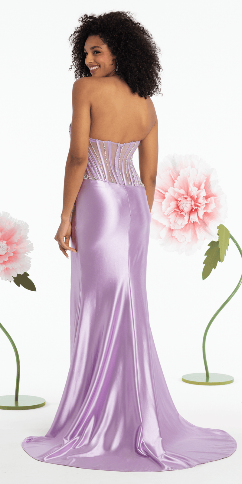 lavendar/size/4/ missy/Camille La Vie/Strapless Satin Rhinestone Corset Column Dress/ back