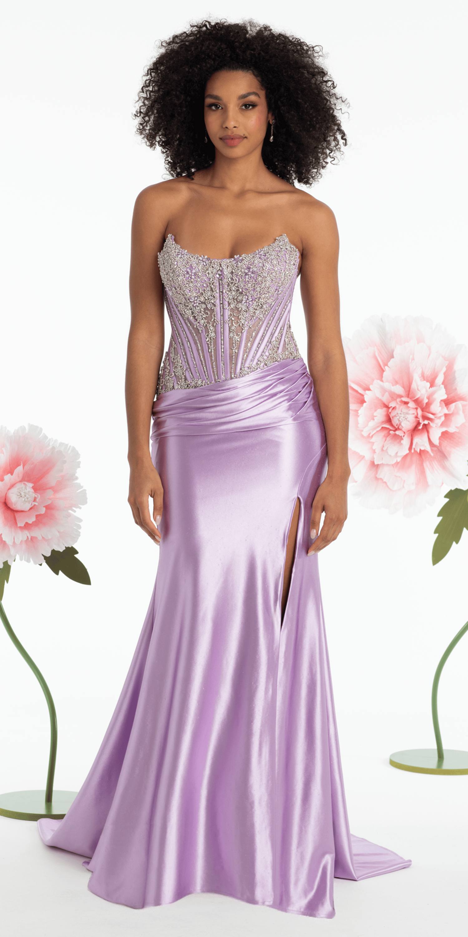 Strapless Satin Rhinestone Corset Column Dress