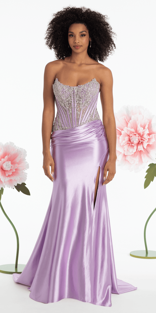 lavendar/size/4/ missy/Camille La Vie/Strapless Satin Rhinestone Corset Column Dress /front alt
