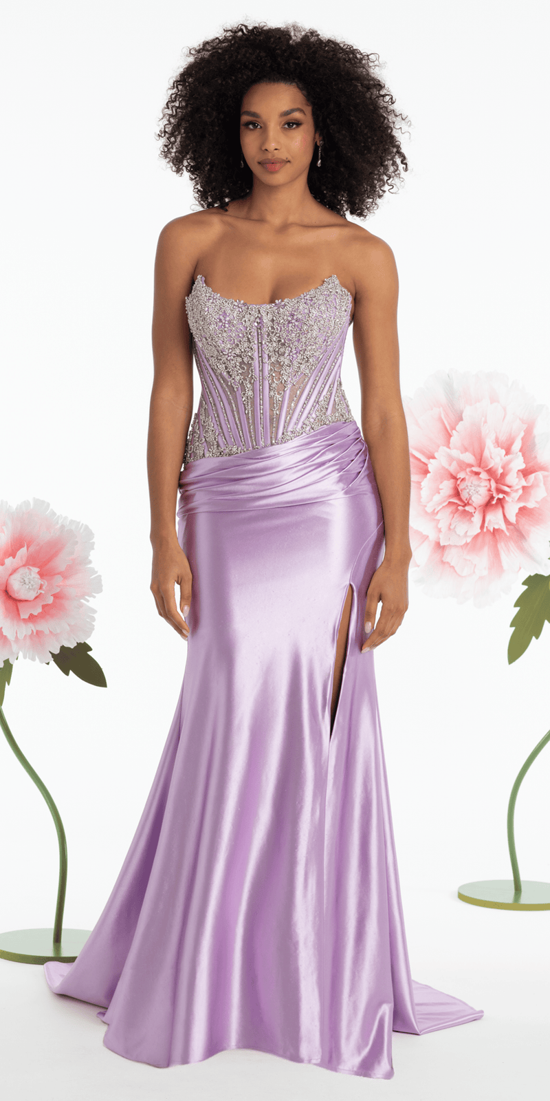 lavendar/size/4/ missy/Camille La Vie/Strapless Satin Rhinestone Corset Column Dress /front alt