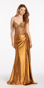 Satin Embellished Corset Column Dress with Side Drape Image 3