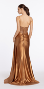 Satin Embellished Corset Column Dress with Side Drape Image 6