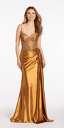 Satin Embellished Corset Column Dress with Side Drape Image 1