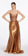 Satin Embellished Corset Column Dress with Side Drape Image 5
