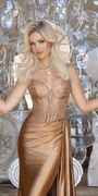 Satin Embellished Corset Column Dress with Side Drape Image 2