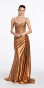 Satin Embellished Corset Column Dress with Side Drape Image 3