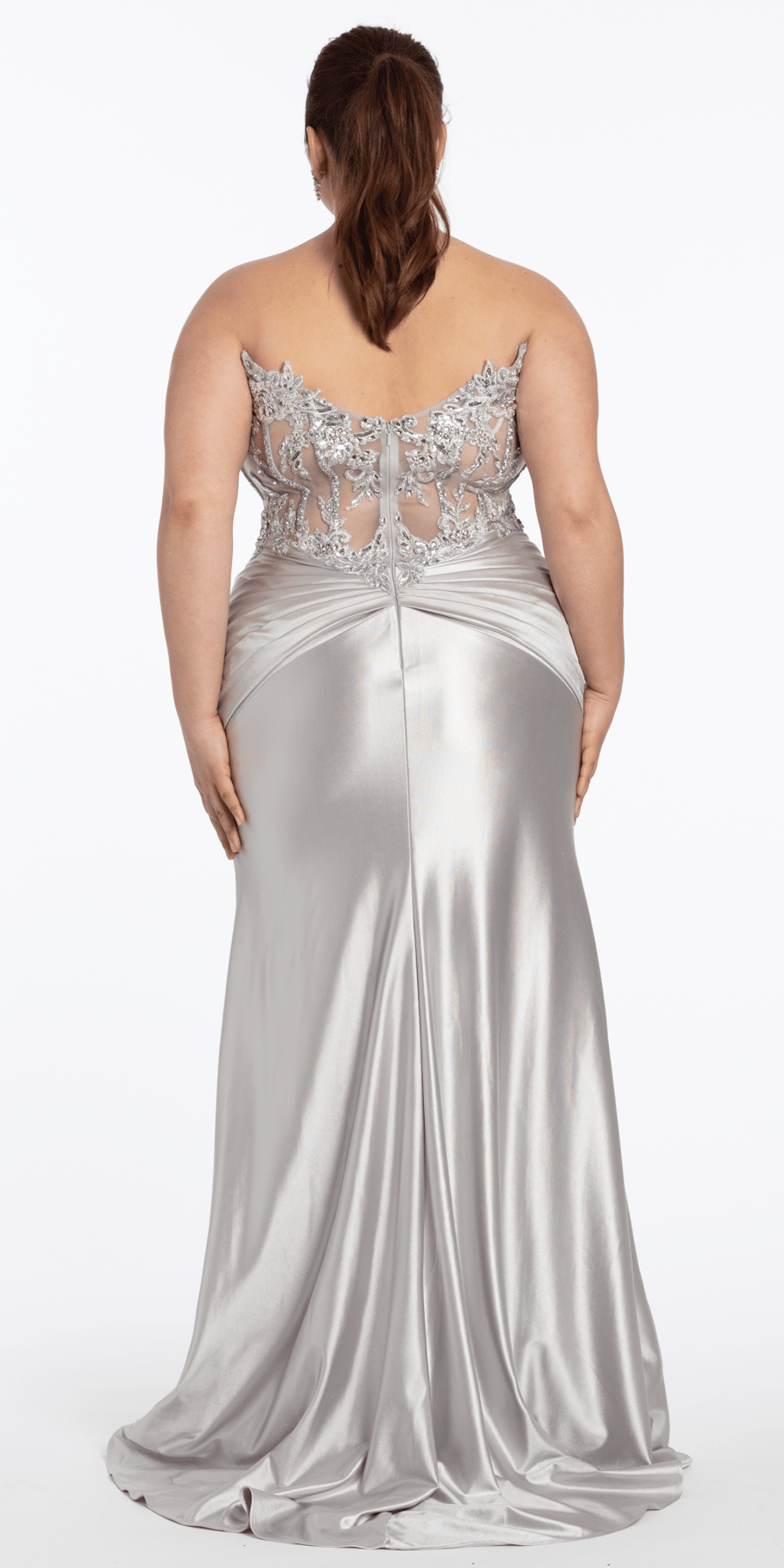 silver/size/14/plus/Camille La Vie /Satin Strapless Sweetheart Embroidered Corset Column Dress/back