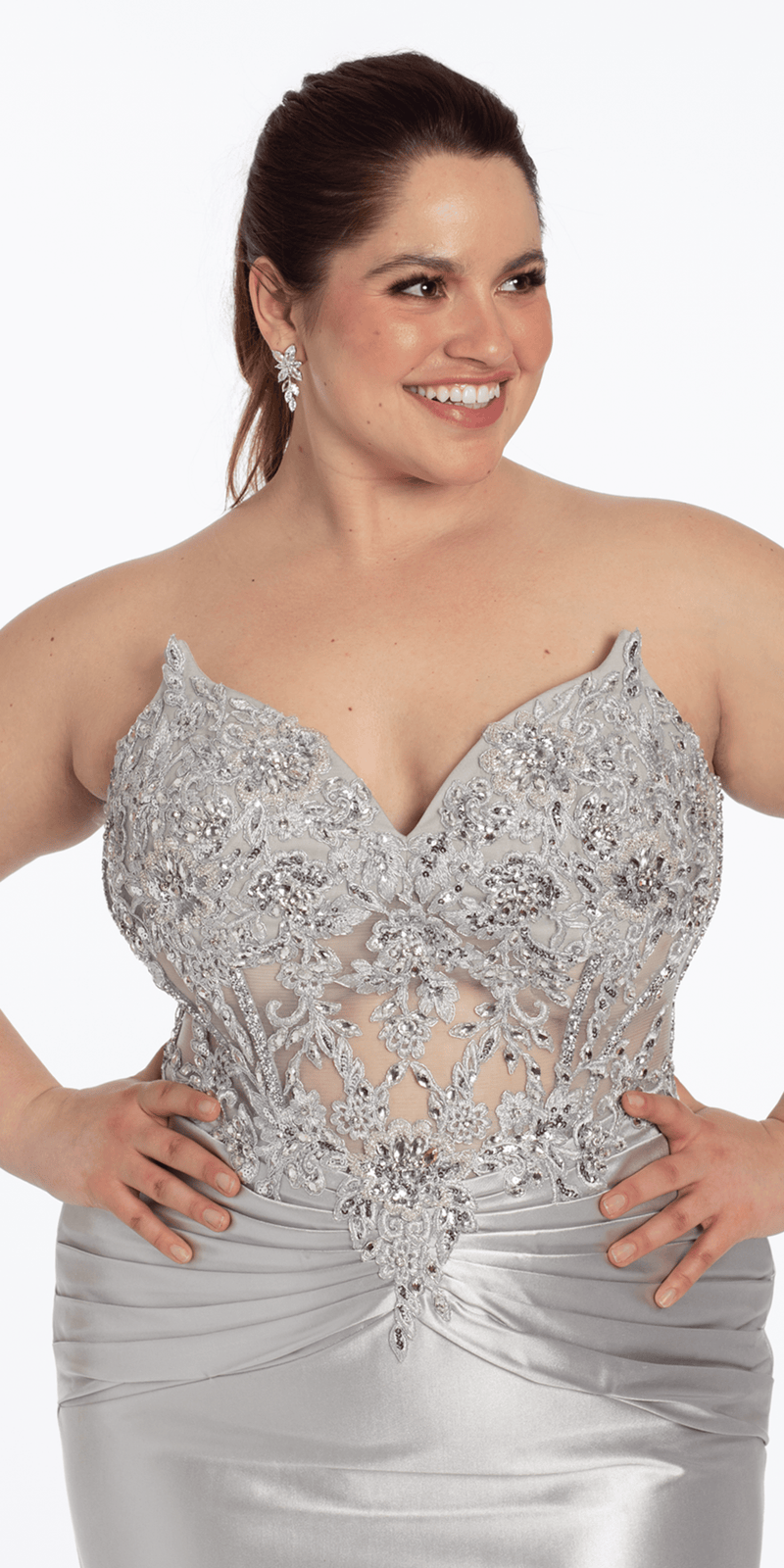 Satin Strapless Sweetheart Embroidered Corset Column Dress plus / 16 / silver