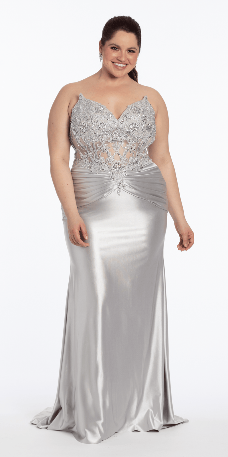 silver/size/14/plus/Camille La Vie /Satin Strapless Sweetheart Embroidered Corset Column Dress/front
