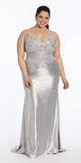 silver/size/14/plus/Camille La Vie /Satin Strapless Sweetheart Embroidered Corset Column Dress/front